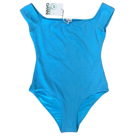 NWT Ganni One Piece Swimsuit Ribbed Short Sleeve in Bachelor Blue Size 36 - Picture 2 of 8